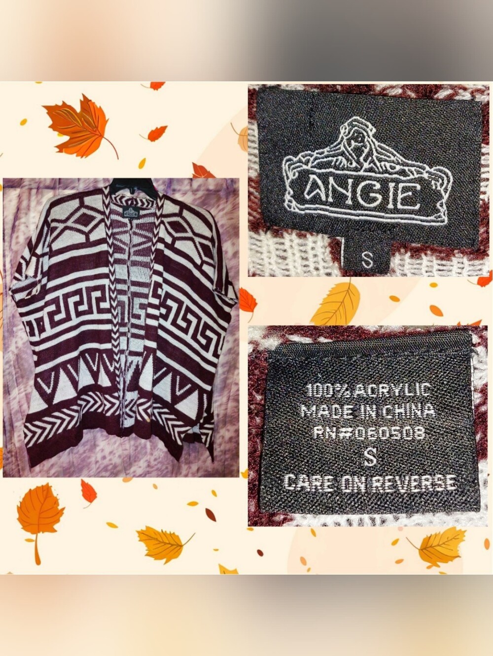 Angie Brown & Off Wht Striped Geometric Print Oversized  Knit Cardigan Sz Small